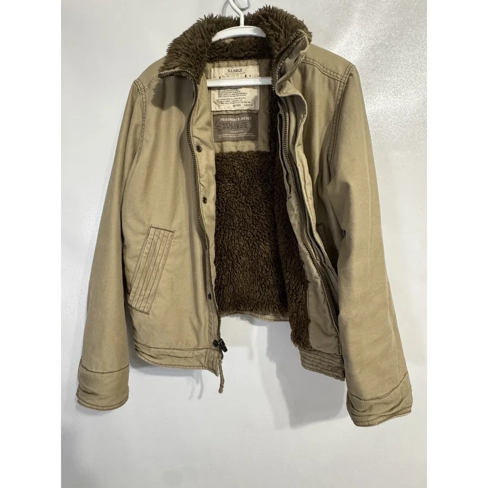 Abercrombie XL Boys Adirondack Coat Khaki Sherpa Lined Y2K Military Zip